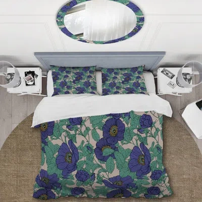 Design Art Purple Roses And Green Leaf - Cabin & Lodge Duvet Cover Set