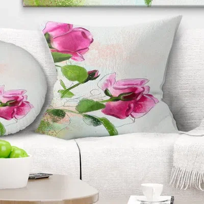 Design Art Purple Roses With Green Leaves - Floral Printed Pillow In Green;purple