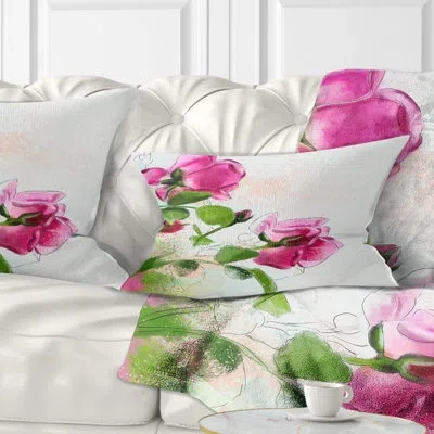Design Art Purple Roses With Green Leaves - Floral Printed Throw Pillow In Green;purple