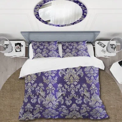 Design Art Purple Silver Damask Beauty I - Traditional Duvet Cover Set In Purple;silver