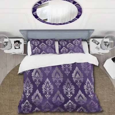 Design Art Purple Silver Damask Beauty Ii - Traditional Duvet Cover Set In Purple;silver