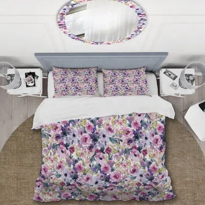 Design Art Purple Spring Flowers - Cabin & Lodge Duvet Cover Set In Pink,green,purple