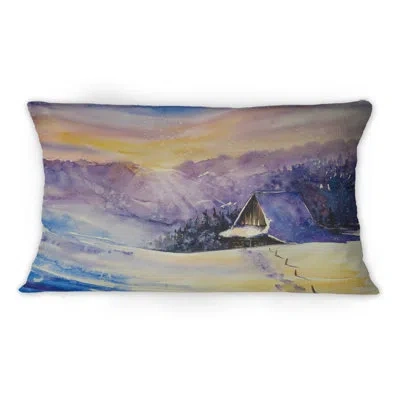 Design Art Purple Sunset Cottage Covered With Snow -1 Traditional Printed Throw Pillow