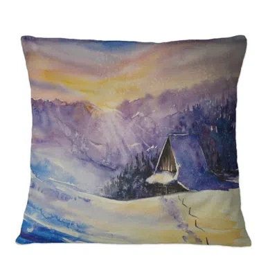 Design Art Purple Sunset Cottage Covered With Snow - Traditional Printed Throw Pillow In Blue;black;brown;green;red;yellow