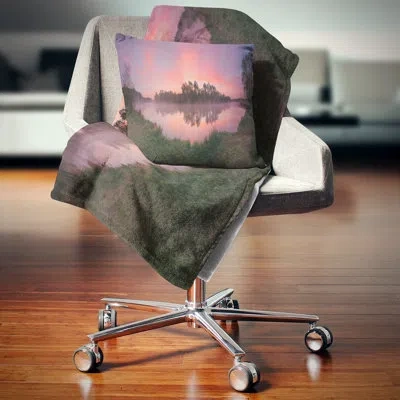 Design Art Purple Tinged Lake Sunrise View - Landscape Printed Pillow