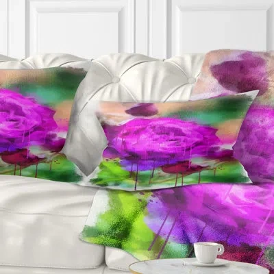 Design Art Purple Watercolor Rose - Floral Printed Throw Pillow