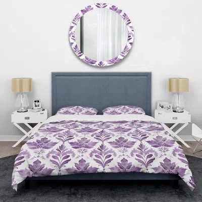 Design Art Purple White Damask Flower Pattern I - Glam Duvet Cover Set In White;purple