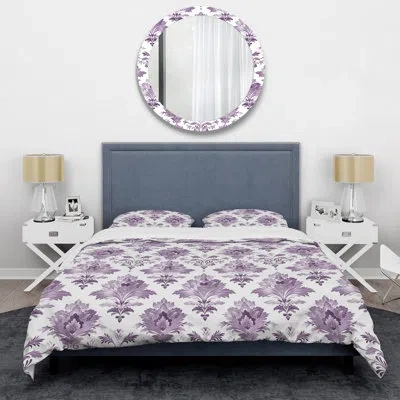 Design Art Purple White Damask Flower Pattern Iii - Glam Duvet Cover Set In White;purple
