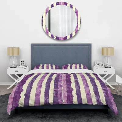 Design Art Purple White Glam Stripes I - Glam Duvet Cover Set In White;purple