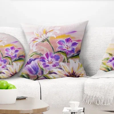 Design Art Purple Wildflowers - Floral Printed Throw Pillow In Yellow;pink