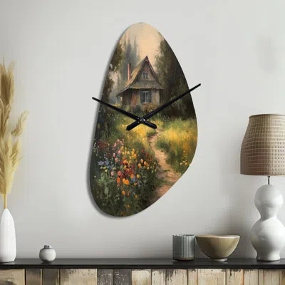 Design Art Quaint Cottage And Garden Oasis I - Landscape Asymmetrical Metal Wall Clock, Traditional Unique Shap In Green