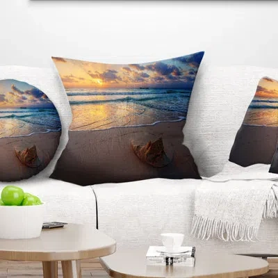 Design Art Quiet Seashore During Sunset - Sea & Shore Printed Pillow In Blue