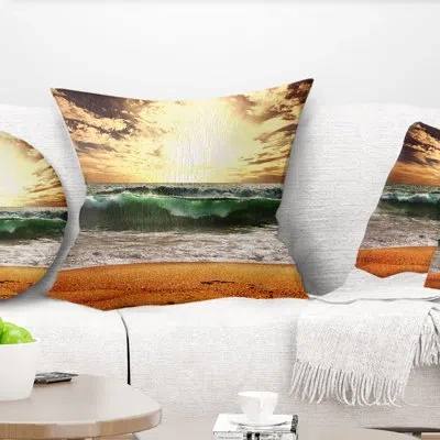 Design Art Raging Green Waves At Sunset - Sea & Shore Printed Pillow