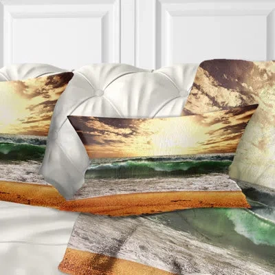 Design Art Raging Green Waves At Sunset - Sea & Shore Printed Throw Pillow