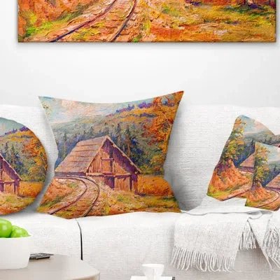 Design Art Railway Track In Village - Landscape Printed Throw Pillow In Green;orange