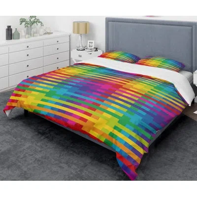 Design Art Rainbow Colors Simple  Mid-century Duvet Cover Set In Green,pink,yellow