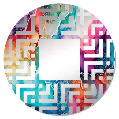 Design Art Rainbow Teal And Purple Alchohol Ink - Maze Decorative Mirror|round In Blue;purple