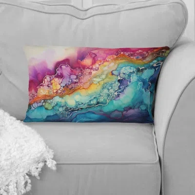 Design Art Rainbow Teal And Purple Alcohol Ink I - Abstract Shapes Printed Throw Pillow In Blue;purple