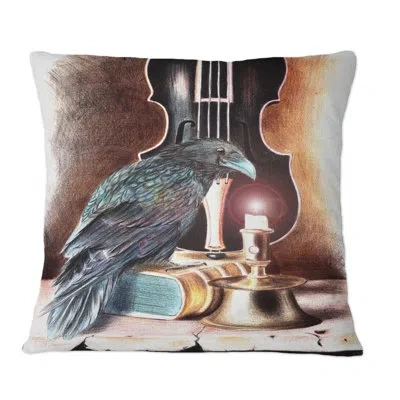 Design Art Raven On A Book With Violin - Bohemian & Eclectic Printed Throw Pillow In Black;brown