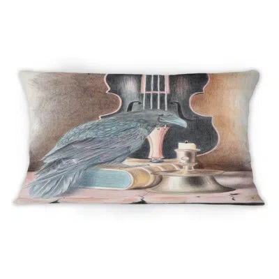 Design Art Raven On A Book With Violin I - Bohemian & Eclectic Printed Throw Pillow 1