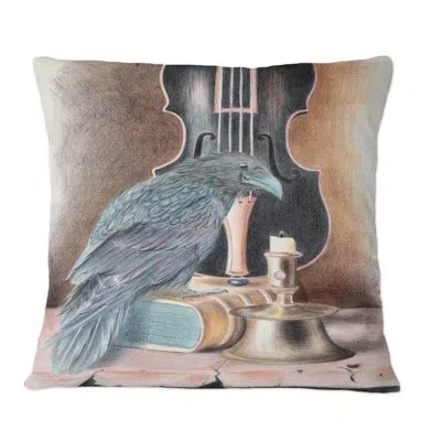 Design Art Raven On A Book With Violin I - Bohemian & Eclectic Printed Throw Pillow In Black;brown