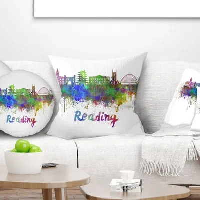 Design Art Reading Skyline - Cityscape Printed Throw Pillow In Yellow;purple