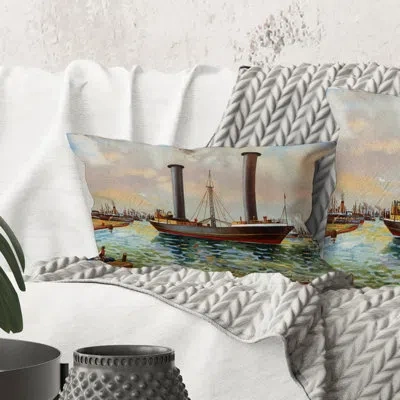 Design Art Rectangle,ancient Boat Leaving The Harbor - Nautical & Coastal Printed Throw Pillow