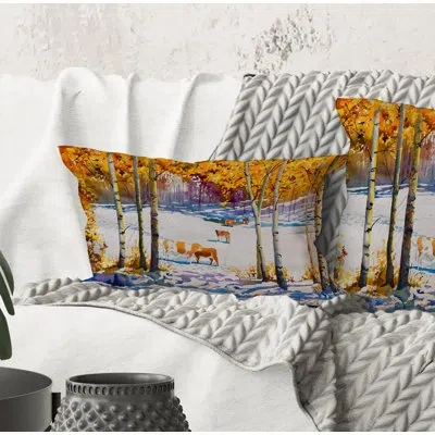 Design Art Rectangle,cattle In The Early Snow In The Forest - Farmhouse Printed Throw Pillow