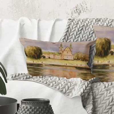 Design Art Rectangle,historic Church On The Rock On Banks Of The River - Lake House Printed Throw Pillow