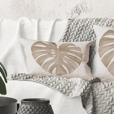 Design Art Rectangle,ivory Pastel Monstera Heart Shaped Tropical Leaf - Traditional Printed Throw Pillow