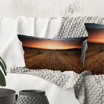 Design Art Rectangle,landscape With A Field Full Of Hay Bales At Sunset - Farmhouse Printed Throw Pillow