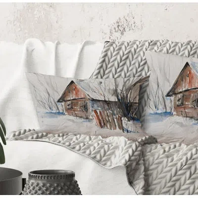 Design Art Rectangle,old Abandoned Wooden House In Winter Picture - Traditional Printed Throw Pillow