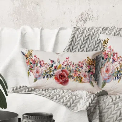 Design Art Rectangle,pink Roses And Wildflower - Farmhouse Printed Throw Pillow