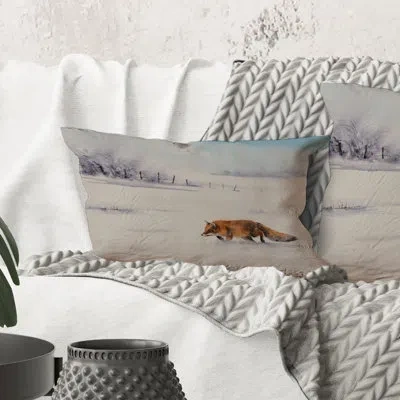 Design Art Rectangle,red Fox Running In White Snow I - Farmhouse Printed Throw Pillow