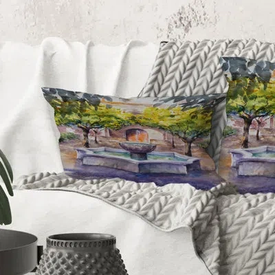 Design Art Rectangle,small Fountain Picture With Trees In The Village - Country Printed Throw Pillow