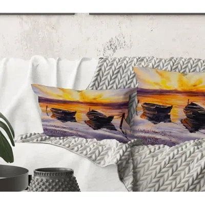 Design Art Rectangle,sunset And Two Small Boats Parking On The Shore - Lake House Printed Throw Pillow