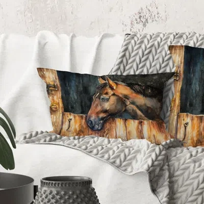 Design Art Rectangle,the Head Of A Horse In Stable - Farmhouse Printed Throw Pillow