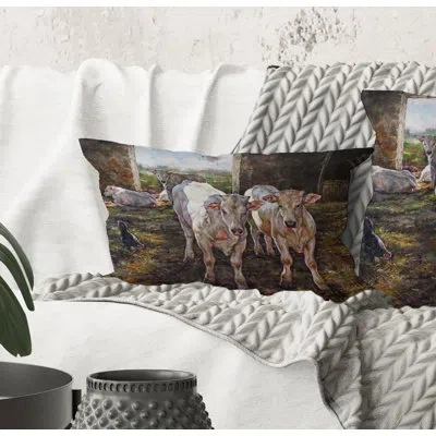 Design Art Rectangle,two Cows In The Stable - Farmhouse Printed Throw Pillow