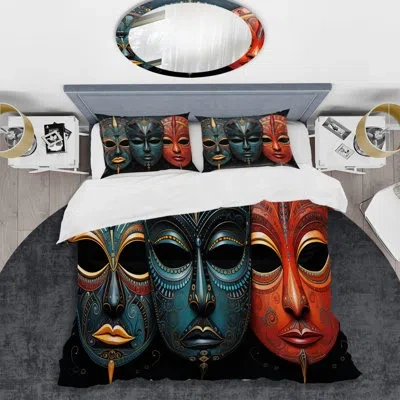 Design Art Red African Masks Iii - African Mask Duvet Cover Set In Red;teal