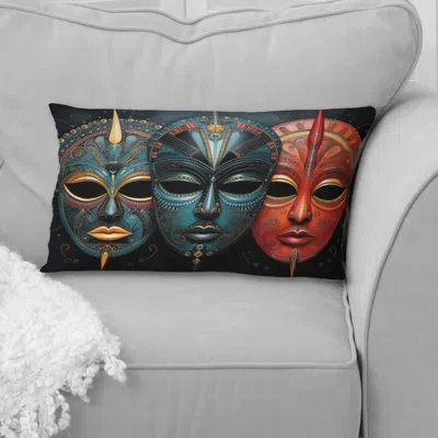Design Art Red African Masks Iii - African Mask Printed Pillow In Red;teal