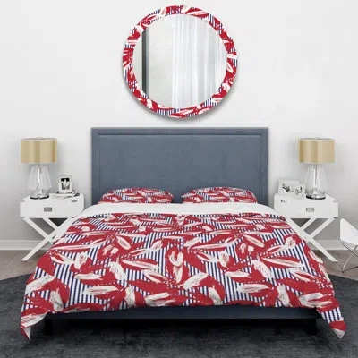 Design Art Red And Black Floral Striped - Abstract Duvet Cover Set - Microfiber Polyester In Black,red