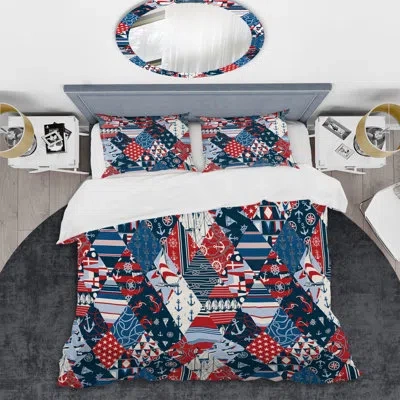Design Art Red And Blue Patchwork - Abstract Duvet Cover Set - Microfiber Polyester In Blue,red