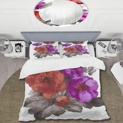 Design Art Red And Fuchsia Flowers - Traditional Duvet Cover Set - Microfiber Polyester In Purple,red,gray