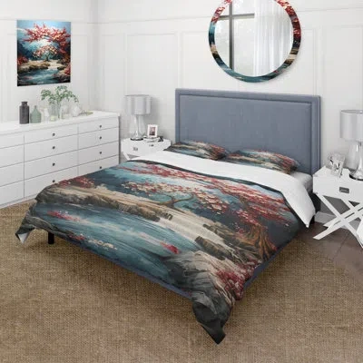 Design Art Red And Gold Flower Tree Moonlight Beauty Vii - Tree Duvet Cover Set In White;red
