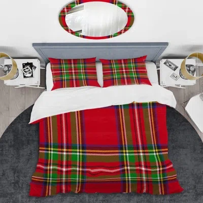 Design Art Red And Green Checked Tartan - Abstract Duvet Cover Set - Microfiber Polyester In Red,green