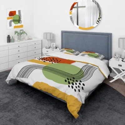 Design Art Red & Green Minimalist Abstract, Black Polka Dots - Modern Duvet Cover Set - Microfiber Polyester In Black,green
