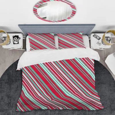 Design Art Red And Green Striped Pattern - Abstract Duvet Cover Set - Microfiber Polyester In Green;red