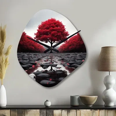 Design Art Red And Grey Forest Serenity - Forest Asymmetrical Metal Wall Clock, Red Freeform Wall Clock Print In Gray;red