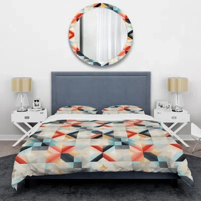 Design Art Red And Grey Lattices Geometric Matrix Grid - Geometric Duvet Cover Set In Gray;red;beige