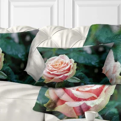 Design Art Red And Orange Rose Flower Close Up - Floral Printed Throw Pillow